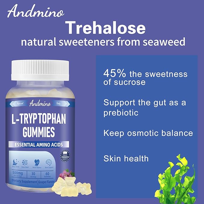 L Tryptophan Gummies 500mg, with Trehalose, for Natural Relaxation & Serotonin Support, for Adults & Kids, Non-GMO, Vegan, Gluten Free, Grape Flavor, 60
