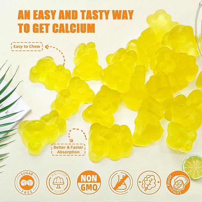 Calcium Magnesium Gummies Adults Kids - Sugar Free Chewable Vegan Algae Calcium Supplements for Women Men Support Plus Bone Strength with Zinc Potassium Vitamin D3 K2 Lemon Flavor 60CT