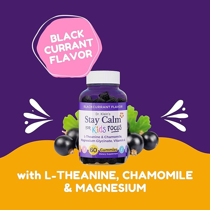 Dr. Klein's Stay Calm Kids Gummies – Magnesium Glycinate + Vitamin A, L-Theanine, Chamomile Extract – Promote Focus & Calm for Ages 5+ – Magnesium Gummies for Kids–Black Currant, Zero Sugar, 60 Count