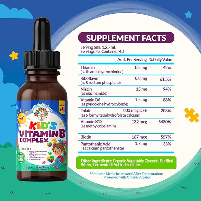 Autistic UpBeat: Kid's Vitamin B Complex | Kid-Friendly Drops | Unlfavored | B1, B2, B3, B6, B7, B9 & Methyl B12 | Brain Function, Focus, Metabolism | Kids B Complex Liquid Drops Supplement