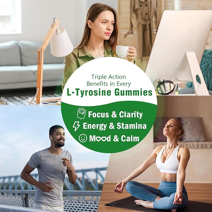 L-Tyrosine Gummies for Adults and Kids - 1000mg L-Tyrosine Supplement Focus Gummies for Brain, Mood, Energy Support, Vegan & Gluten-Free, Mango Flavor, 120 Count