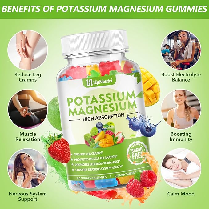 Potassium Magnesium Supplement Gummies for Adults Kids, Sugar-Free Potassium Gummies Supports Leg Cramps & Muscle & Immune Health, High Absorption Vegan Magnesium Gummies 5 Fruit Flavor 60 Cts