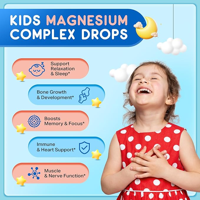 Magnesium Glycinate Liquid for Kids, Kids Magnesium Drops with L-Theanine, Calcium, Zinc, Vitamin D3 K2 for Sleep, Calm, Mood, Relaxation, Focus, Brain, Bones, Strawberry Flavor 2 Fl Oz