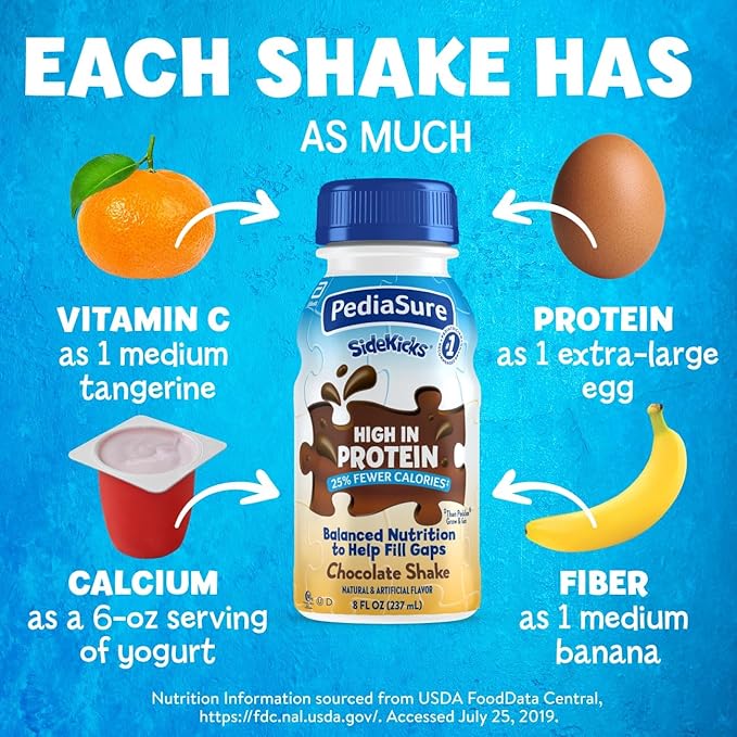 PediaSure SideKicks, Kids Protein Shake, With Key Nutrients and Protein to Help Kids Catch Up on Growth and Fill Nutrient Gaps, Chocolate, 8-fl-oz Bottle, Pack of 24