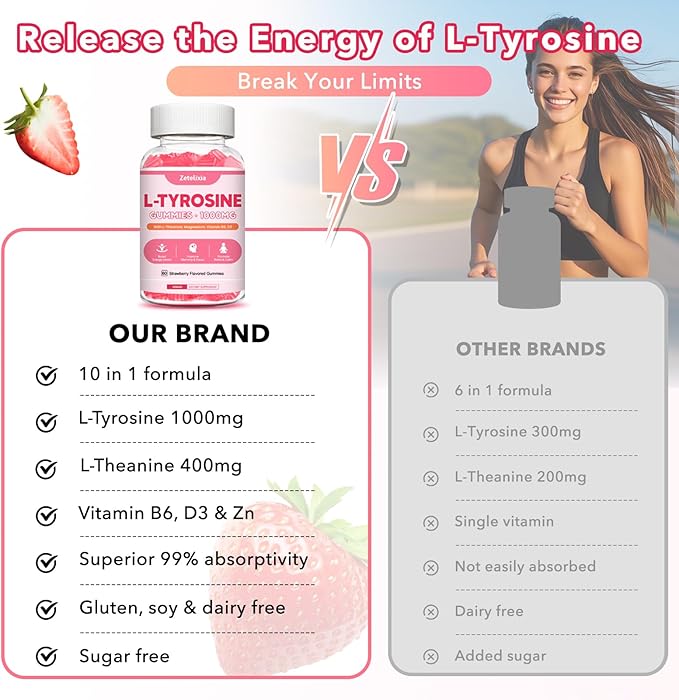 10 in 1 L Tyrosine Gummies, L-Tyrosine Supplement, L-Theanine Gummies with Vitamin B6 D3, Tyrosine Supplement Support Cognitive, Memory, Energy, Mood for Adult & Kids, Strawberry Flavor, 60 Ct