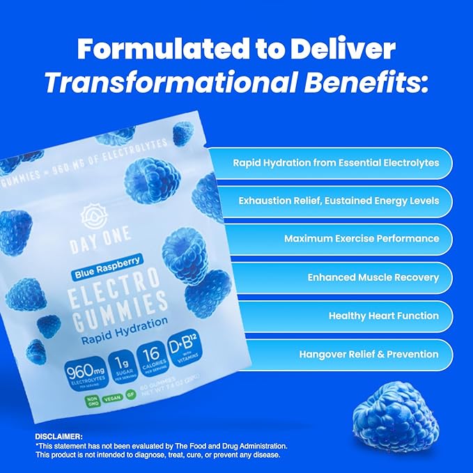 Day One ElectroGummies – Electrolyte Hydration Gummies – Ideal to Boost Hydration & Energy – Supplement for Post & Pre Workout – for Men, Women, Kids – Blue Raspberry Flavored – 60 Gummies
