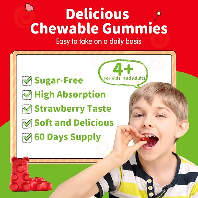 Magnesium Gummies for Kids - Magnesium Glycinate Gummies Supplement with L-Theanine, Vitamin B6, D3 for Kids & Adults Sleep, Calm, Relaxation, Brain, Bones, Sugar Free Strawberry 60ct