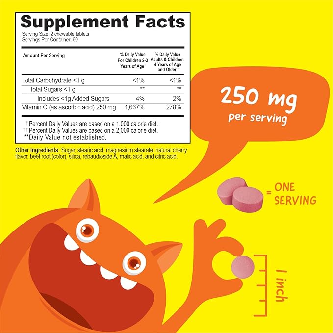 Kids Vitamin C Chewable Tablets | 250 mg | Great Tasting, Naturally Sourced Orange Flavor | Vegan, Non GMO, Gluten Free, Vitamins | for Immune Support | for Children | 120 Chewables