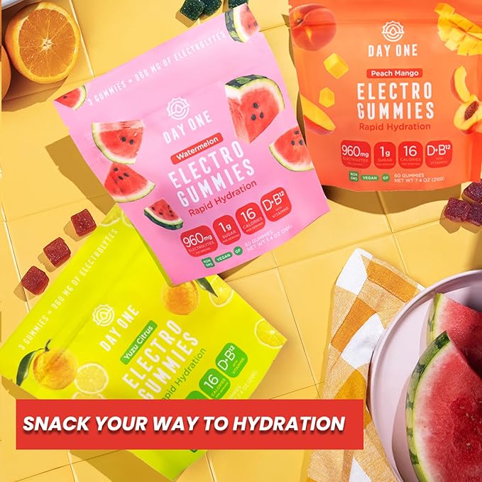 Day One ElectroGummies – Electrolyte Hydration Gummies – Ideal to Boost Hydration & Energy – Supplement for Post & Pre Workout – for Men, Women, Kids – Extra Sour Watermelon Flavored – 60 Gummies