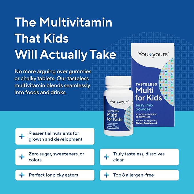 Tasteless Multivitamin Powder for Kids + Toddlers- No Sweeteners, Flavors, Colors or Preservatives. Add to Beverages or Food. Pure, Flavorless Children's Multivitamin Supplement.