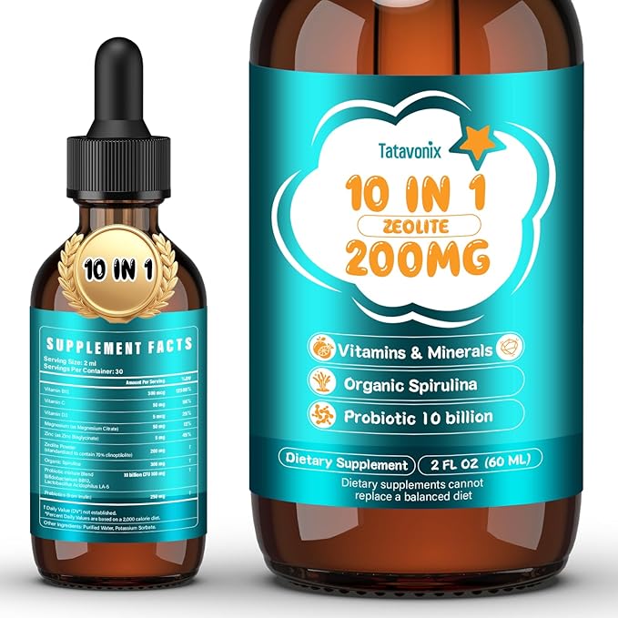 Zeolite Drops for Kids & Adult, 200mg Liquid Clinoptilolite with Vitamins B12 & D, 10 Billion CFU & Prebiotics, Supports Gut Health, Immune System & Energy, Strawberry Flavor, 60ML