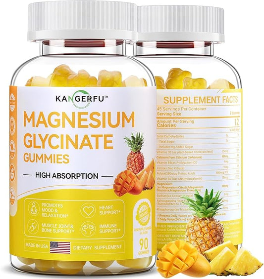 Calcium Citrate 600mg - Magnesium Glycinate Gummies with Ashwagandha,Magnesium L-Threonate&Magnesium Citrate Supplements - Dietary Supplement for Kids & Adults - 90 Count Pineapple Mango Flavor