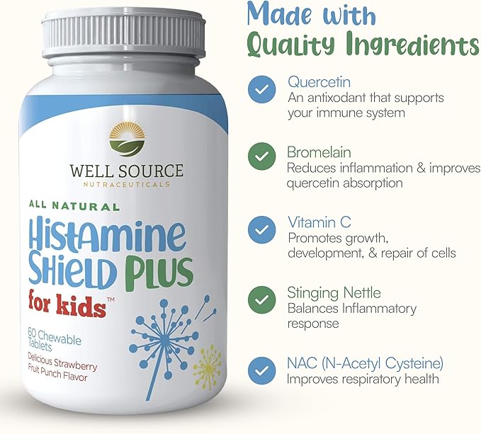 Histamine Shield Plus for Kids™ Natural Antihistamine Supplement, Sinus & Allergy Relief for Pollen, Pet Dander, Dust, Mold, and Odors, 60 Strawberry Fruit Punch Chewable Tablets
