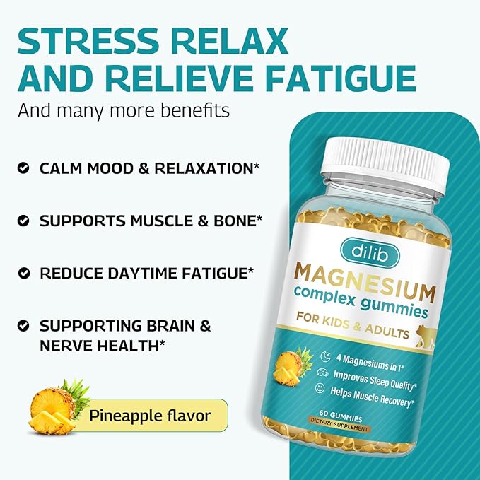 Magnesium Complex Gummies- Calm Chewable Gummies for Kids & Adults- Magnesium Glycinate, Taurate, Citrate, Malate, Supplement-Support Calm Stress Relief, Bone, Muscle, Mood Vegan, 60 Gummies