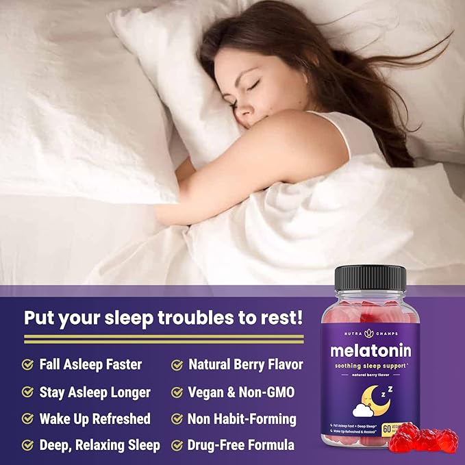 NutraChamps Melatonin Gummies for Kids & Adults, Natural Sleep Aid Drug-Free, Vegan Berry Flavor, 120 Sleep Gummies, 2.5mg, 5mg or 10mg Dose, Sleeping Pills Substitute (Pack of 2)