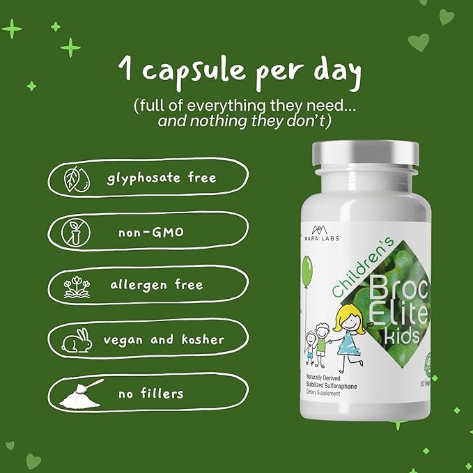 Mara Labs Kids | Broccoli Supplement w/Naturally Stabilized Sulforaphane Extract for Children | No Glyphosate Residue | 30 Vegan Capsules