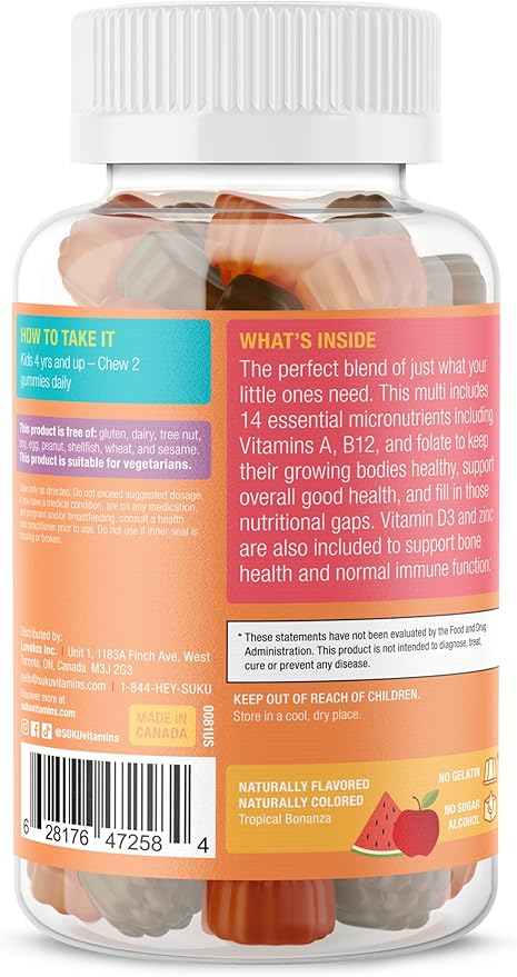 SUKU The Complete Kids Multivitamin Gummies – Vitamins A, C, D, E, B6, B12, Folate & Zinc – Immune Support, Sugar-Free, Gluten-Free, Non-GMO, Tropical Bonanza Flavor – 60 Count