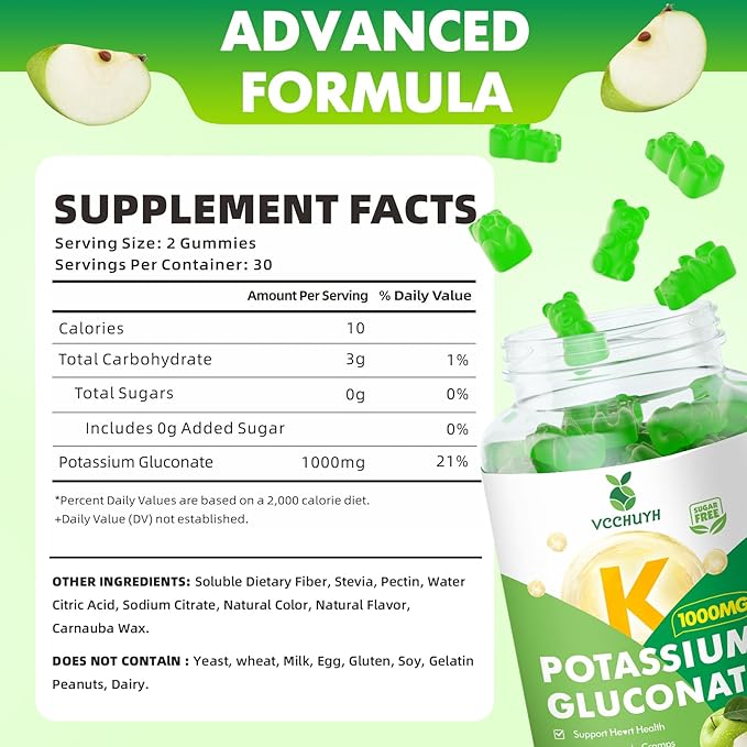 Potassium Gummies 1000mg for Adults & Kids, High Dose Potassium Gluconate Supplement Potassium Gluconate Gummies Support Muscle Cramps Electrolyte Balance, Apple Flavor 120 Count
