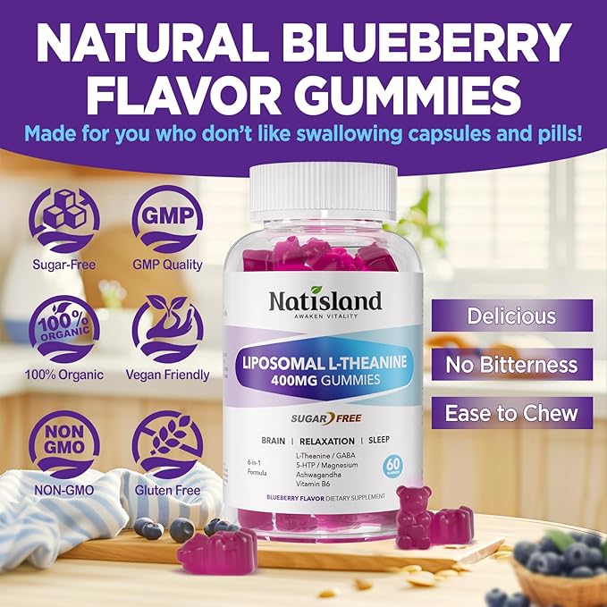Liposomal L-Theanine Gummies for Adults & Kids, L Theanine 400mg/200mg Supplement with GABA, 5-HTP, Magnesium, Ashwagandha & Vitamin B6 for Focus, Relaxation & Zzz, Sugar-Free, Vegan, 60 Chewable