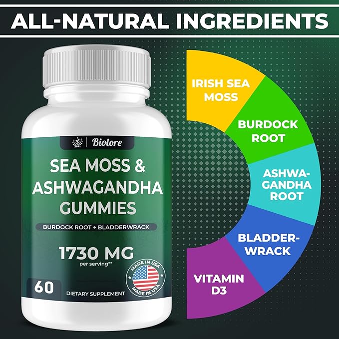 Sea Moss Gummies with Ashwagandha, Irish Sea Moss, Burdock Root, Bladderwrack - Gummies for Adults, Kids, Men, Women - Vegan, Gluten-Free
