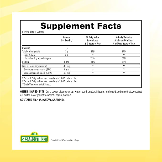 Sesame Street Omega 3 Gummies for Kids, 50 mg of Omega-3 per Gummy, 4 Month Supply, No Fishy Aftertaste, Shellfish Free Supplement, Brain & Eye Support, 120 Gummies