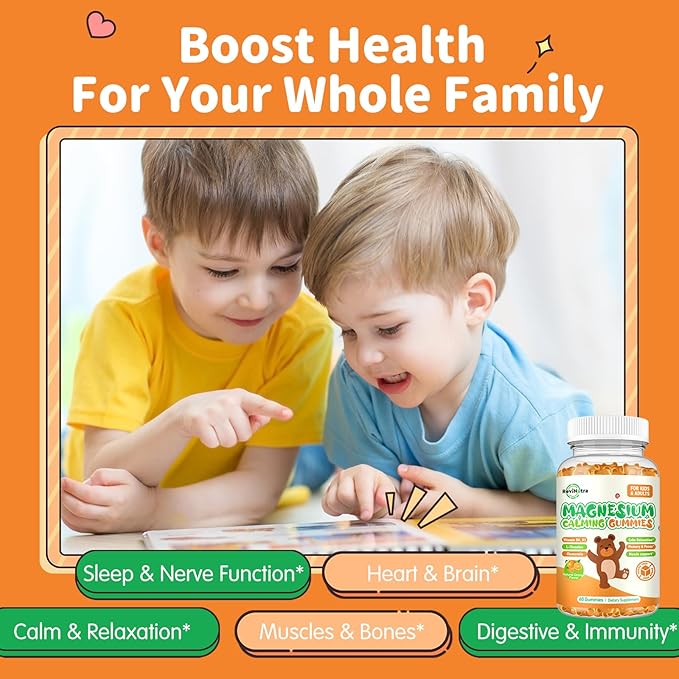 Magnesium Gummies for Kids - Magnesium Glycinate Gummies Supplement with L-Theanine, Vitamin B6, D3 for Adults & Kids, Calm Magnesium for Sleep, Relaxation, Brain, Bones, Sugar Free Orange 60ct