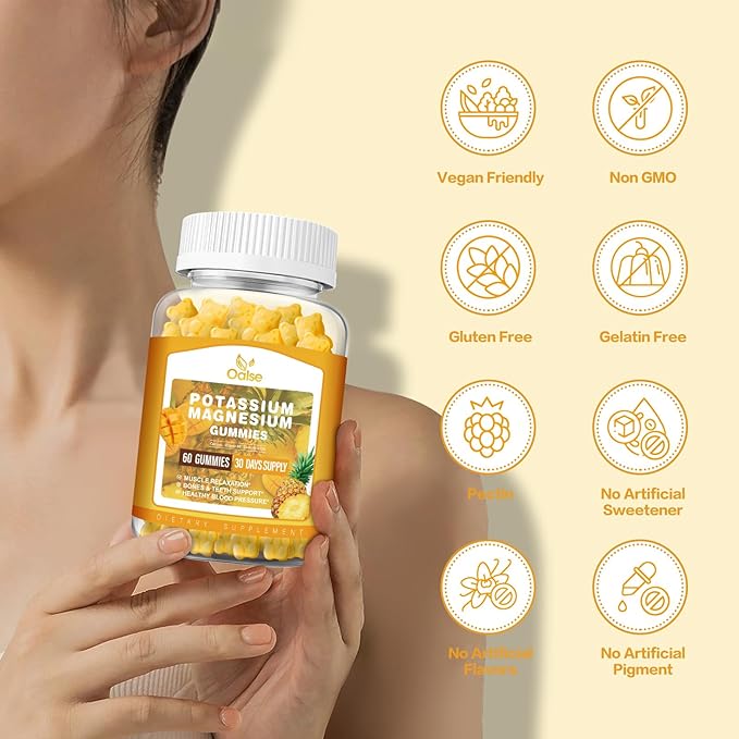 Potassium Magnesium Gummies for Adults Kids, High Absorption Potassium Citrate 99mg Magnesium Citrate 400mg, Chewable Gummy Supplements, Mango Pineapple, 60 Count