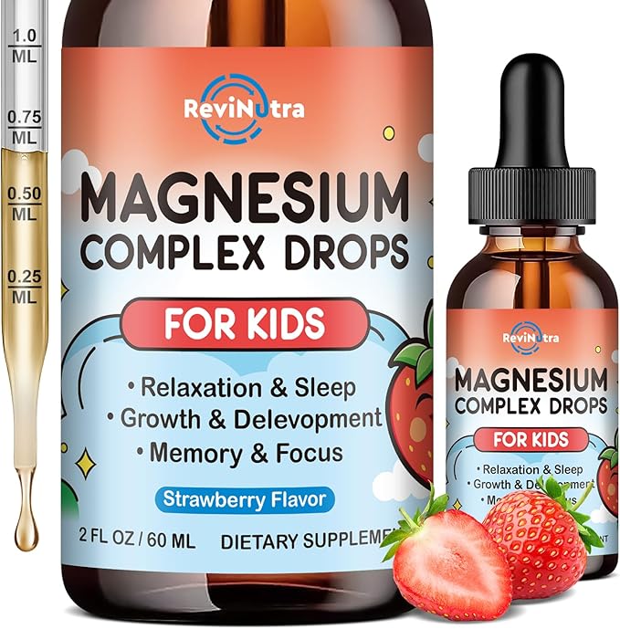 Magnesium Glycinate Liquid for Kids, Kids Magnesium Drops with L-Theanine, Calcium, Zinc, Vitamin D3 K2 for Sleep, Calm, Mood, Relaxation, Focus, Brain, Bones, Strawberry Flavor 2 Fl Oz