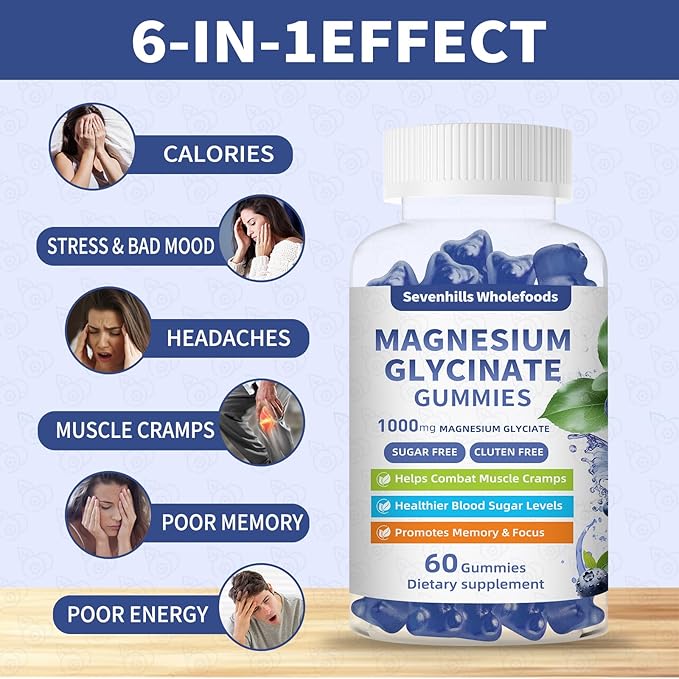 Magnesium Glycinate Gummies 1000mg - Sugar Free Magnesium Potassium Supplement for Relaxation, Calm, Stress Relief, and Sleep Support for Adults & Kids - 60 Blueberry Gummies