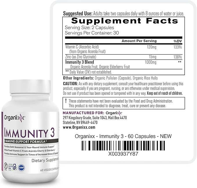 Organixx Immunity 3 Immune Support Supplement – Vitamin C, Zinc, Elderberry – Whole Food Immune Defense for Adults & Kids, Greater Absorption, Non GMO, 60 Capsules