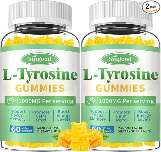 L-Tyrosine Gummies for Adults and Kids - 1000mg L-Tyrosine Supplement Focus Gummies for Brain, Mood, Energy Support, Vegan & Gluten-Free, Mango Flavor, 120 Count
