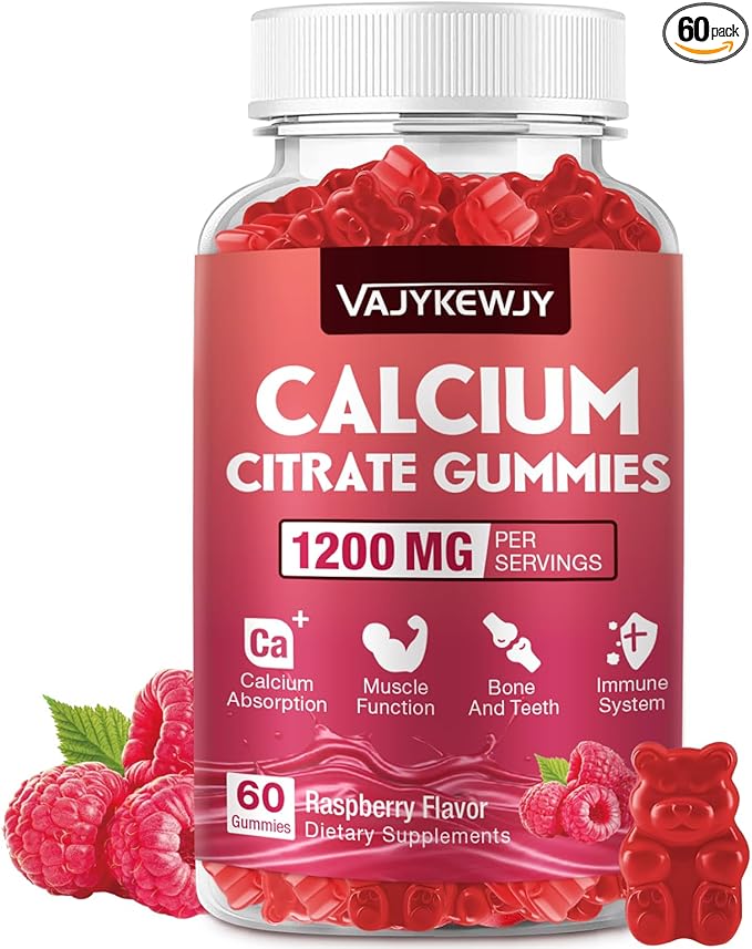 Calcium Citrate Gummies 1200mg for Adults & Kids - Bone & Teeth Support, Easy Absorption, Delicious Raspberry Flavor - Non-GMO, Gluten Free, Vegan - 60 Count