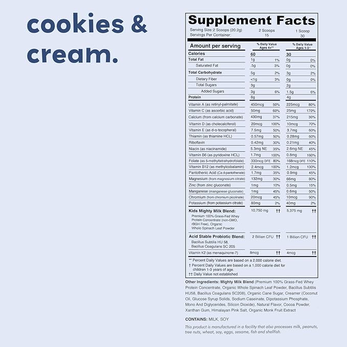 Cookies & Cream Mighty Milk - Kids All-in-One Daily Protein Powder & Multivitamin with Probiotics & Organic Spinach - Natural Flavors, Colors & Sweeteners - 15-30 Servings