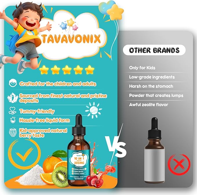Zeolite Drops for Kids & Adult, 200mg Liquid Clinoptilolite with Vitamins B12 & D, 10 Billion CFU & Prebiotics, Supports Gut Health, Immune System & Energy, Strawberry Flavor, 60ML