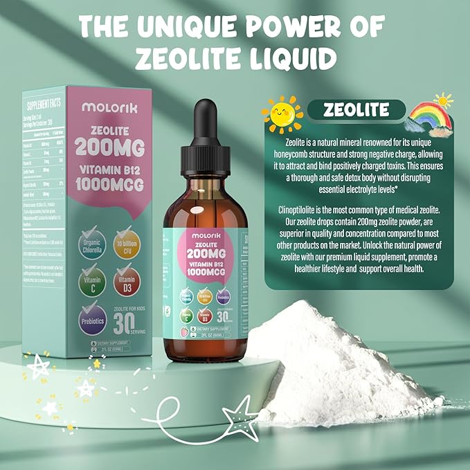 Zeolite Drops for Kids and Adults, 200mg Zeolite Liquid Drops with 1000mcg Vitamin B12, Organic Chlorella, 10 billion CFU & Prebiotics for Gut Support & Speech, Immune, Bone, Energy*, Strawberry, 60ML