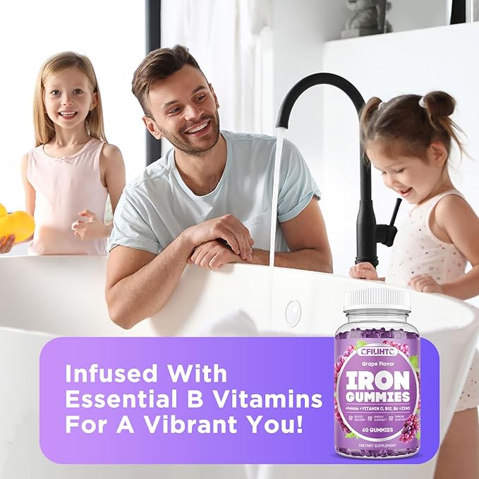 Iron Supplement for Women & Men - Iron Gummies with Vitamin B6, B12, C, Zinc, Folate for Adults & Kids - Support Iron Deficiency, Anemia, Energy Boost, Blood Builder - Sugar Free Vegan 60ct Grape