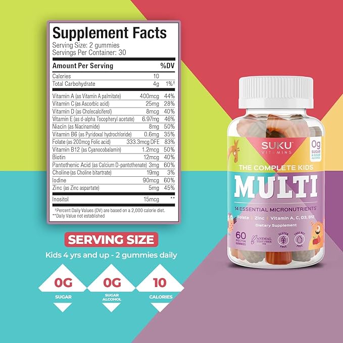SUKU The Complete Kids Multivitamin Gummies – Vitamins A, C, D, E, B6, B12, Folate & Zinc – Immune Support, Sugar-Free, Gluten-Free, Non-GMO, Tropical Bonanza Flavor – 60 Count