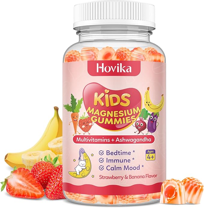 Kids Magnesium Gummies - Magnesium Glycinate Supplement Gummies with L-Theanine, Chamomile & Multivitamins for Sleep, Calm & Focus - Strawberry Banana Center-Filled Gummies 60 ct