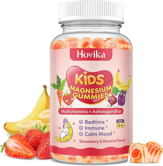 Kids Magnesium Gummies - Magnesium Glycinate Supplement Gummies with L-Theanine, Chamomile & Multivitamins for Sleep, Calm & Focus - Strawberry Banana Center-Filled Gummies 60 ct
