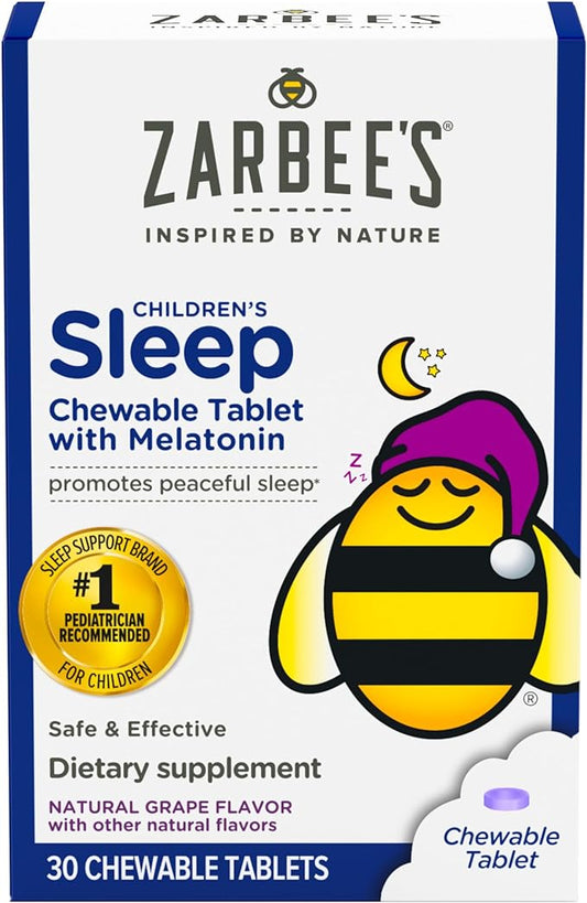 Zarbee's Kids 1mg Melatonin Chewable Tablet, Drug-Free & Effective Sleep Supplement, Easy to Take Natural Grape Flavor Tablets for Children Ages 3 and Up, 30 Count