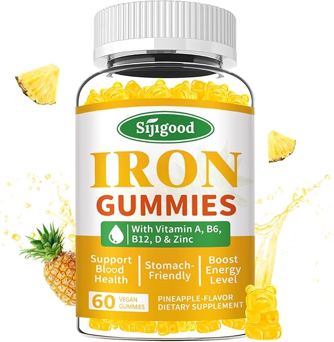 Iron Gummies for Women & Men - Vegan Iron Supplement for Anemia & Iron Deficiency, with Vitamin B12, Vitamin C, Zinc, Folate - Energy Boost, Sugar-Free, Pineapple Flavor, 60 Count