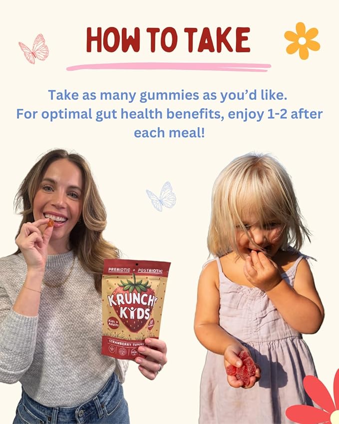 Organic Prebiotic & Postbiotic Gummy Vitamin for Kids and Adults, Allulose, Sugar Free, Fermented Strawberry, Support Gut Health, Dye Free