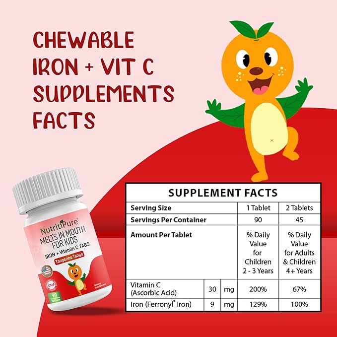 Kids Chewable Iron Supplement, Ferronyl® Carbonyl Iron 9 mg, Vitamin C 30 mg, Tangerine Tango Orange Flavor, 90 Count