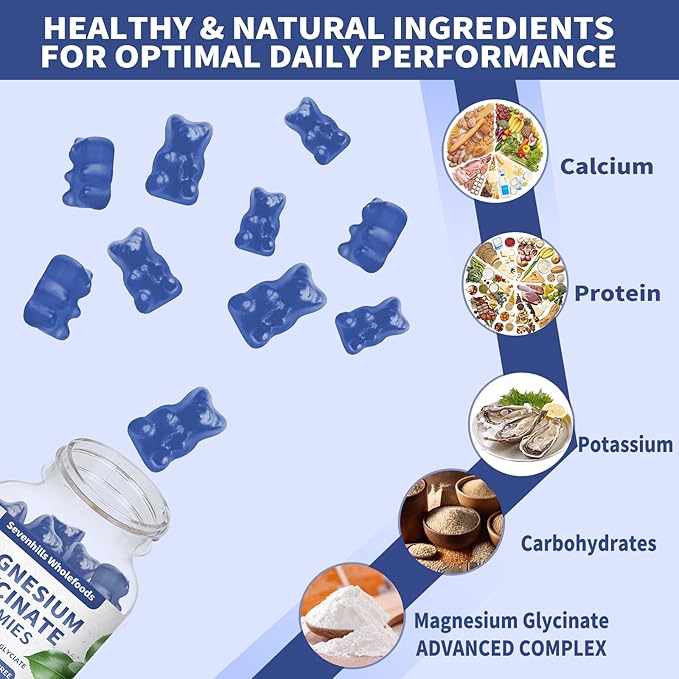 Magnesium Glycinate Gummies 1000mg - Sugar Free Magnesium Potassium Supplement for Relaxation, Calm, Stress Relief, and Sleep Support for Adults & Kids - 60 Blueberry Gummies