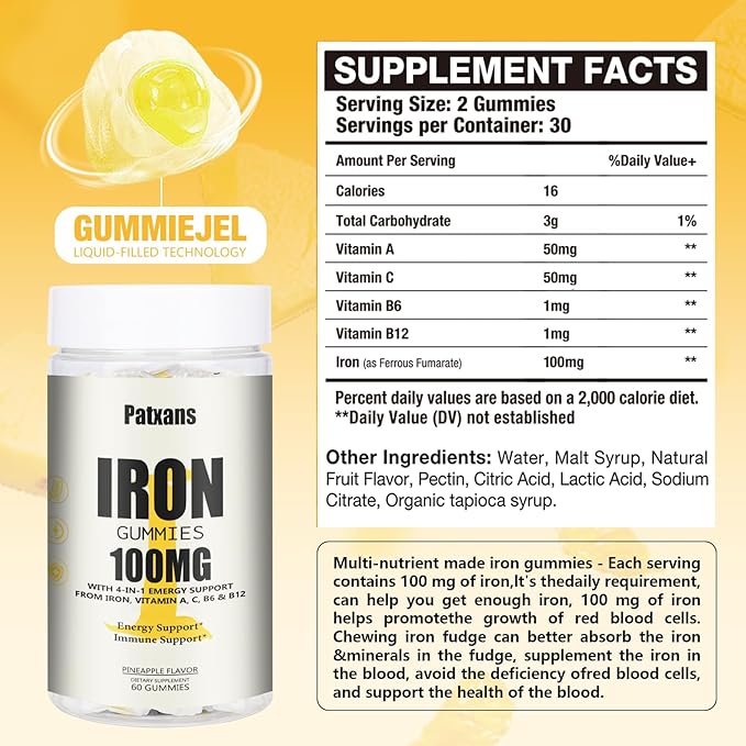 1 Pack 100MG Iron Supplement Gummies for Women & Men - with Vitamin A, C, B - Energy Support for Iron Deficiency, Anemia, Adults ＆ Children, Pineapple Flavor Gummy, 60ct