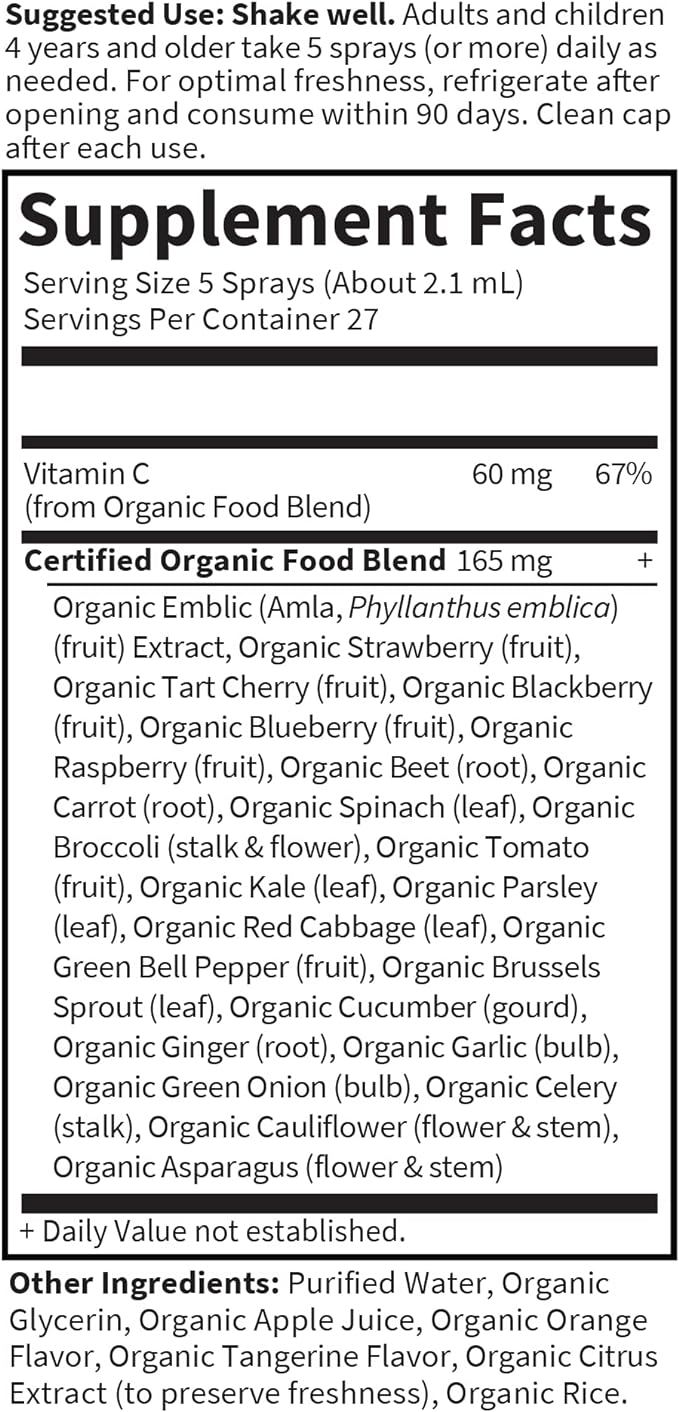 Garden of Life Organics Vitamin C Spray for Kids and Adults - Orange Tangerine, Vitamin C Supplement, Antioxidant for Immune Support and Skin Health, 2 fl oz Liquid Drops