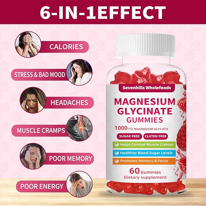 Magnesium Glycinate Gummies 1000mg - Sugar Free Magnesium Potassium Supplement for Relaxation, Calm, Stress Relief, and Sleep Support for Adults & Kids - 60 Raspberry Gummies