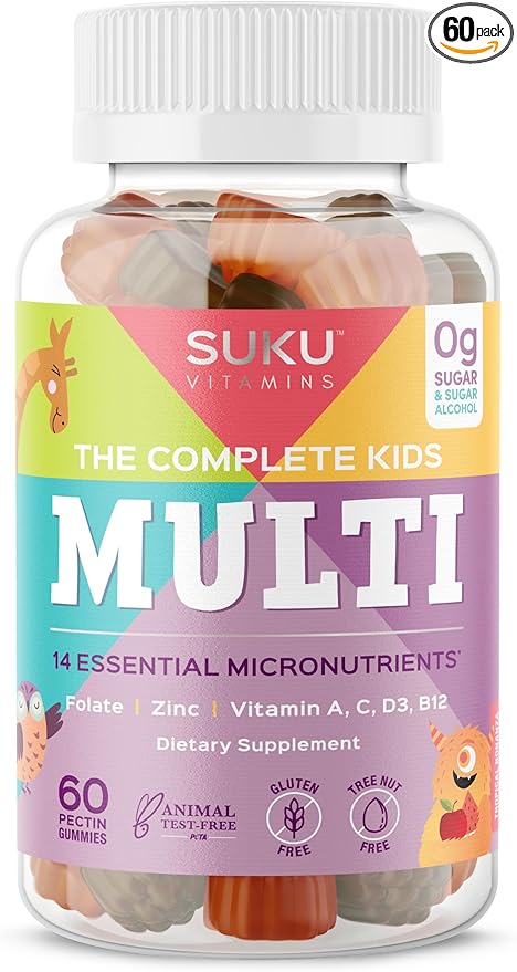 SUKU The Complete Kids Multivitamin Gummies – Vitamins A, C, D, E, B6, B12, Folate & Zinc – Immune Support, Sugar-Free, Gluten-Free, Non-GMO, Tropical Bonanza Flavor – 60 Count
