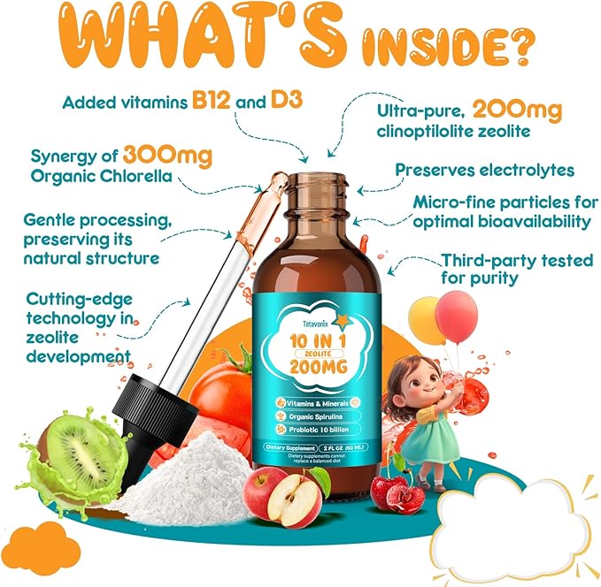 Zeolite Drops for Kids & Adult, 200mg Liquid Clinoptilolite with Vitamins B12 & D, 10 Billion CFU & Prebiotics, Supports Gut Health, Immune System & Energy, Strawberry Flavor, 60ML
