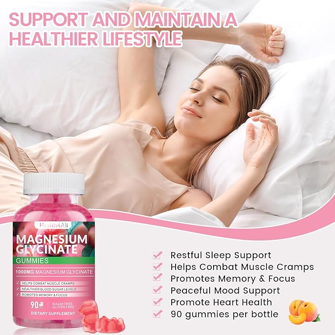 Magnesium Glycinate Gummies 1000mg, High Absorption Sugar Free Magnesium Potassium Supplement for Relaxation, Stress Relief, and Sleep Support for Adults & Kids - 90 Peach Gummies